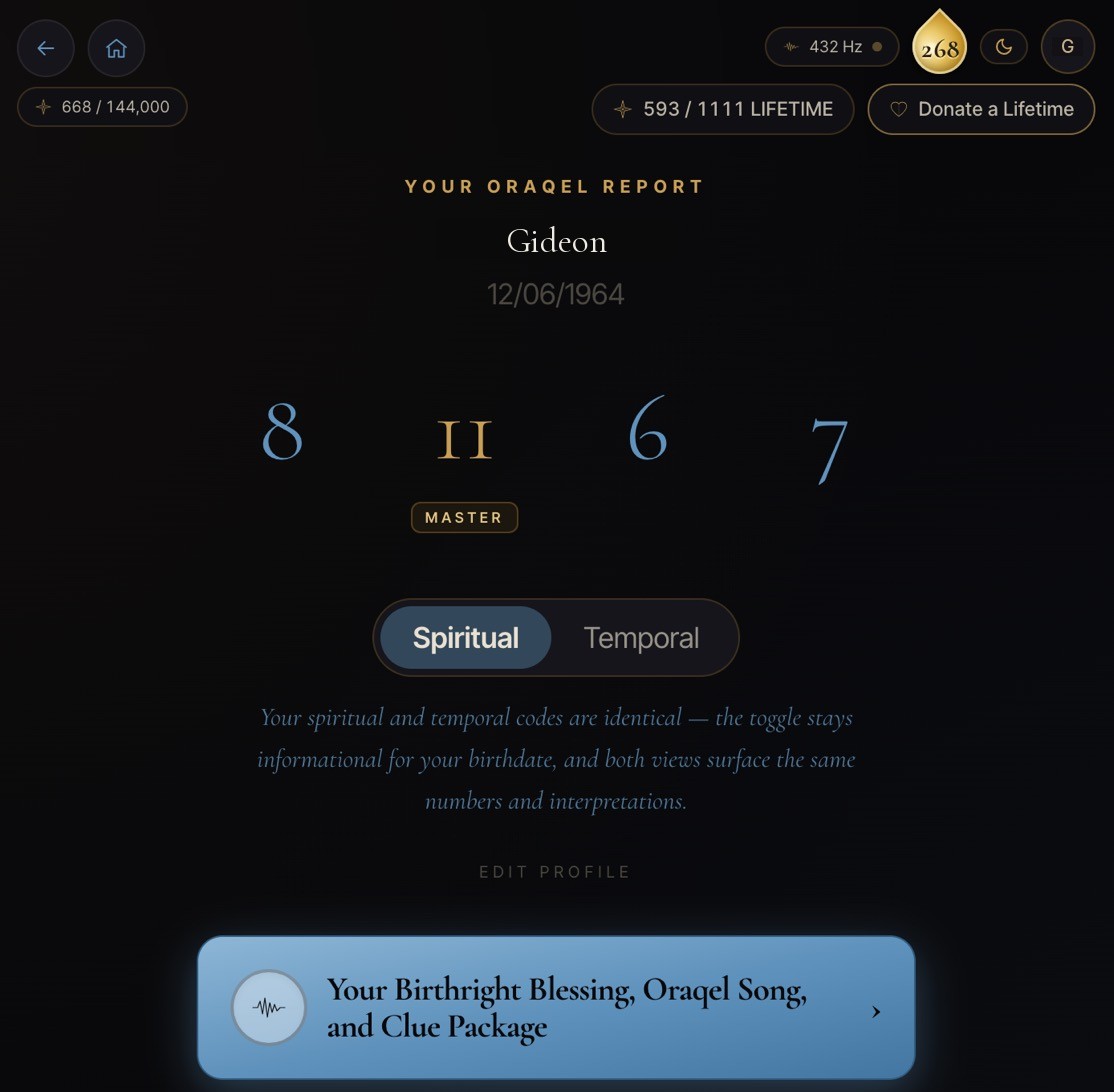 An Oraqel report for Gideon showing the code numbers 8, 11 (a master number), 6 and 7